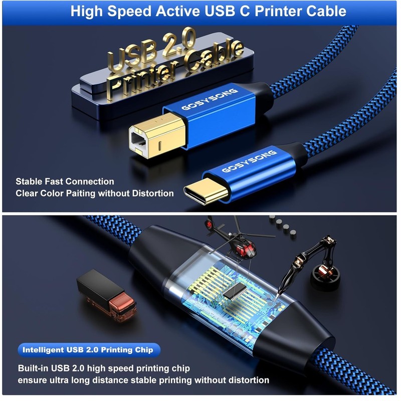 Blue Nylon USB C Printer Cable 100ft