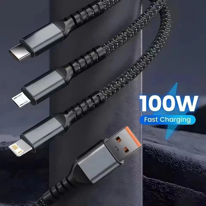 1PCS 1.2M 3 in 1 Fast Charging Cable Cell Phone Charger Cord iPhone Type C USB gallery