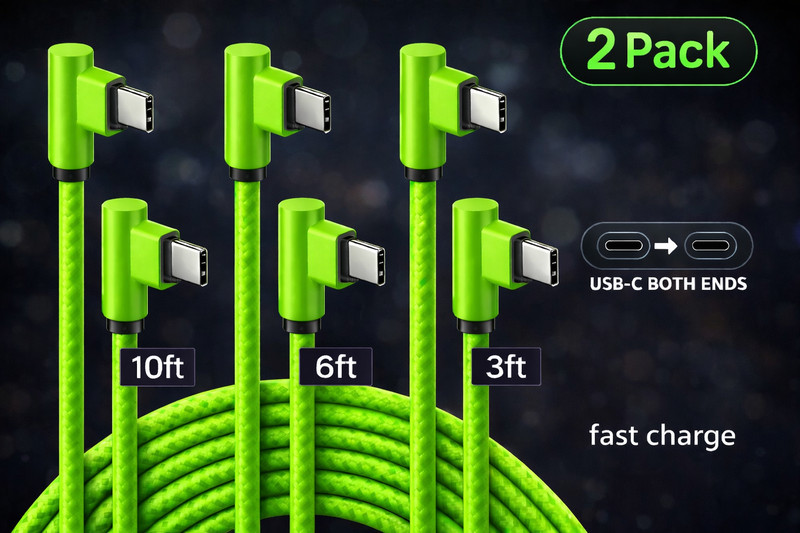 2 PACK USB-C to USB-C 90 Degree Angle Charger Cable Fast Charging Type Sync Cord gallery