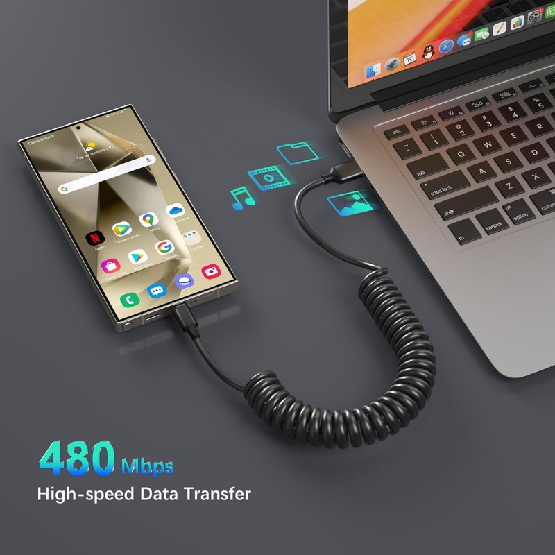 Coiled USB Cable for Car, 3ft Retractable Car Charger Fast Charging Cord 60W ... gallery