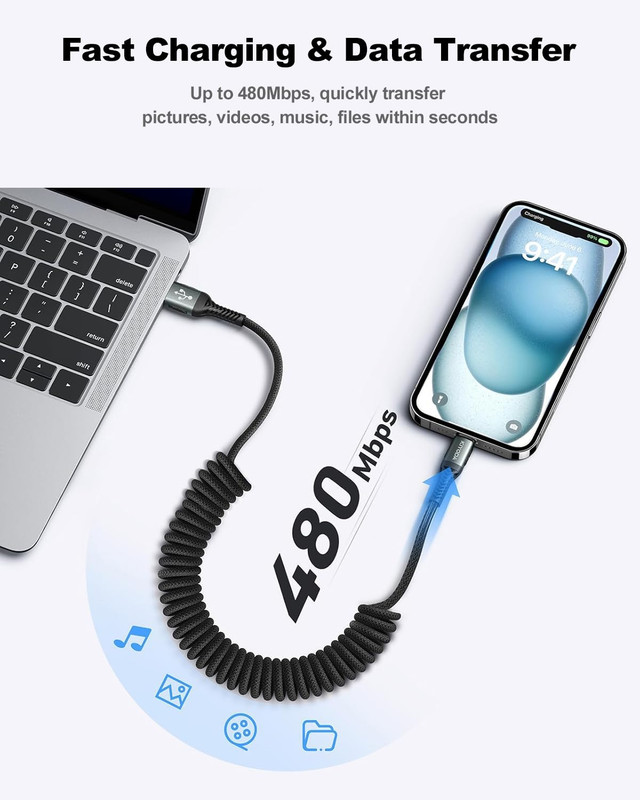 USB C Cable 3FT, 2Pack Coiled USB a to USB C Cable for Car, USB to USB C 66W Fas gallery
