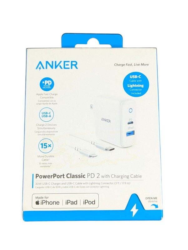 Cc1O Anker Apple Fast Charge Power Port Classic PD 2 w/ 3′ Charging Cable White