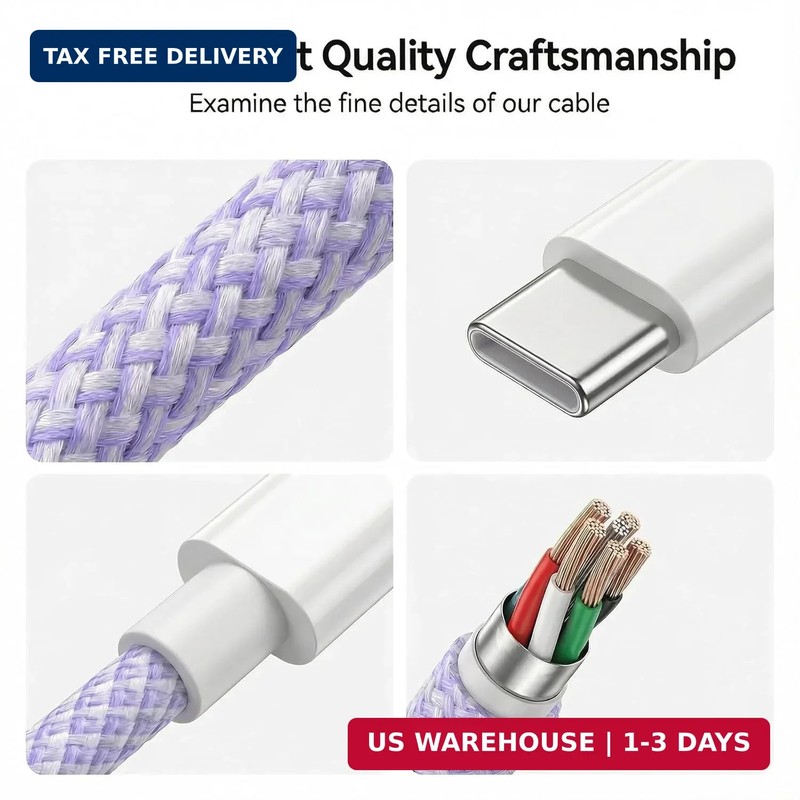 60W USB C to C Cable 6FT 2 Pack Purple Braided Fast Charging Type C Cord gallery