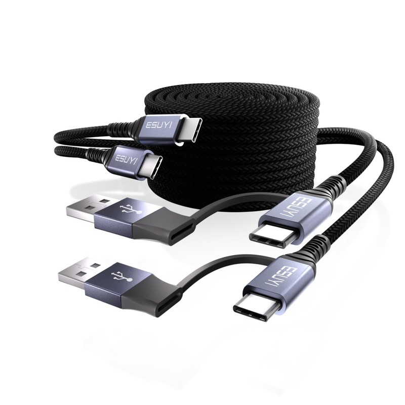 Esuyi 2 in 1 USB C to C Cable [6.6FT/2Pack 60W PD & 6.6FT+6.6FT, Black