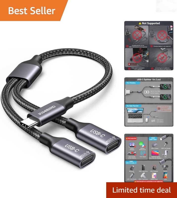 USB C Splitter 1 in 2 Out Charging Data Transfer Cable for Laptop Mac Smartphone