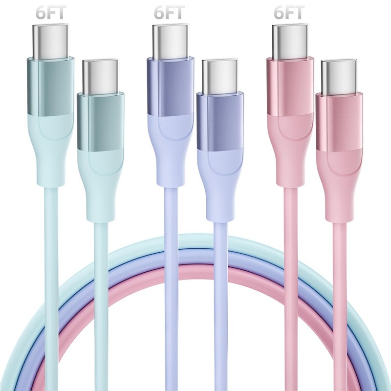 3 Pack 6 FT USB C Charger Cable 60W Type C To Type C Cord Blue Purple Pink