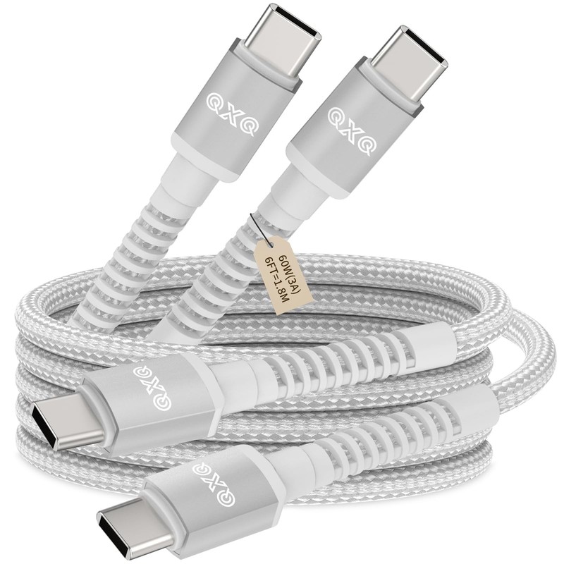 2 Pack USB C to C Cable 6FT 60W Fast Charging Type C Cord White Power Lead