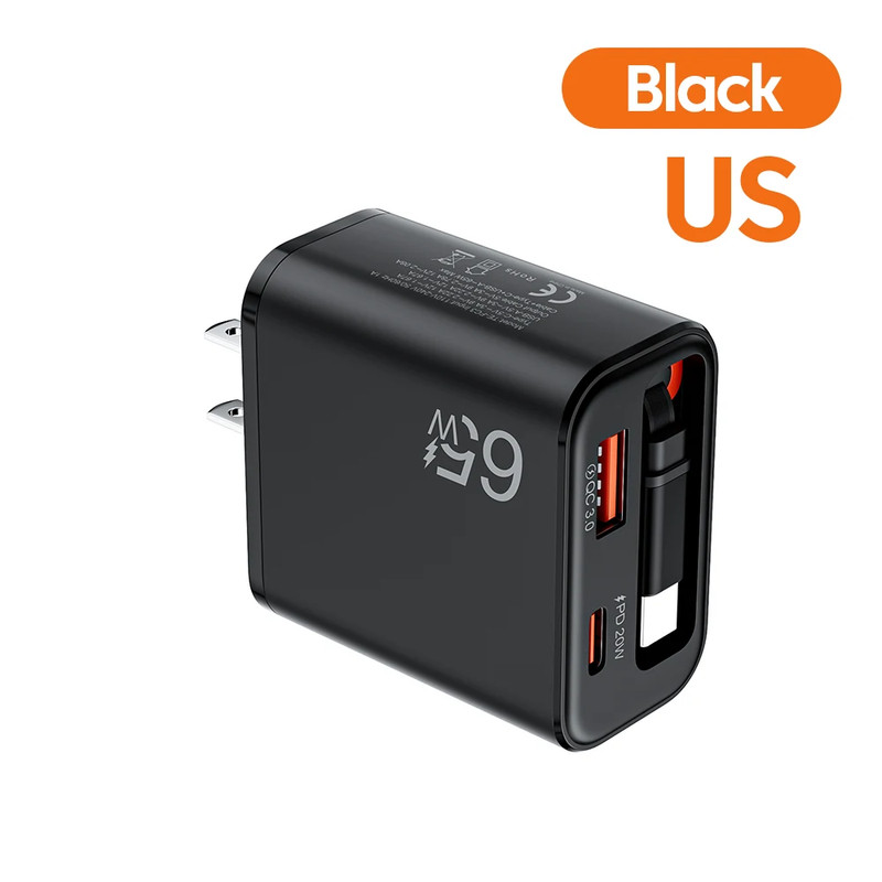 65W USB Phone Charger With Retractable Super Fast Charging Type C Cable For iPho