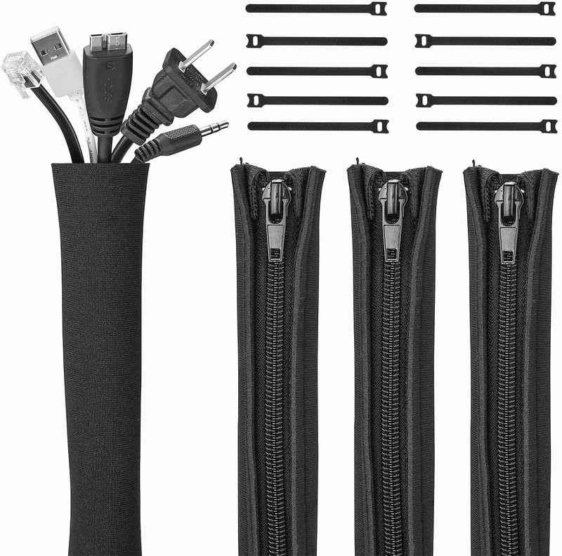 4PCS Management Sleeve with 10PCS Cable Tie, 20 inch Cord Organizer with Zipper