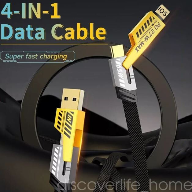 4 in 1 USB Fast Charging Cable Dual Type C PD 27W 65W Charger Data Cord for iOS