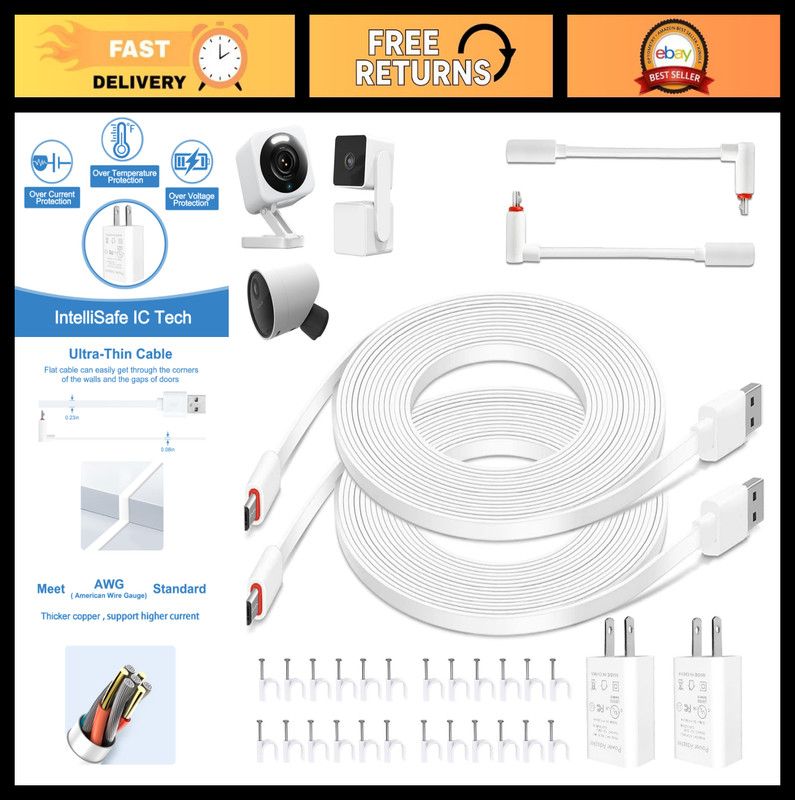 20FT Waterproof Power Adapter & Charging Cable for Security Cameras – 2 Pack