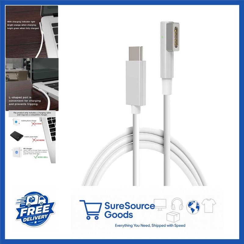 White 60W USB C Magnetic Charging Cable L-Tip for MacBook Air Pro 2007-2012