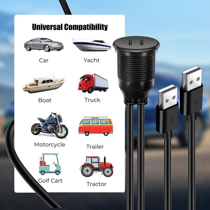 Dual Port USB A 2.0 Male To USB C 2.0 Female Extension Cable Mount 3.3FT gallery