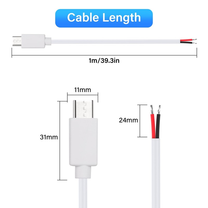 2 Pack 20AWG 5V 5A USB Type C Male Plug 2 Pin Bare Wire Power Cable 1M gallery