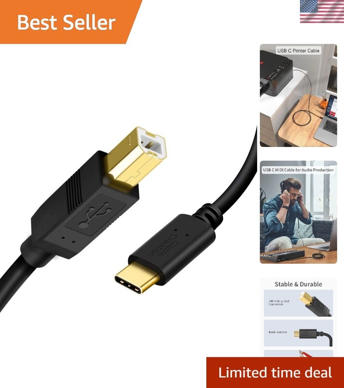 Versatile 15FT USB B to USB C Data Transfer Cable for Printers & MIDI Keyboards