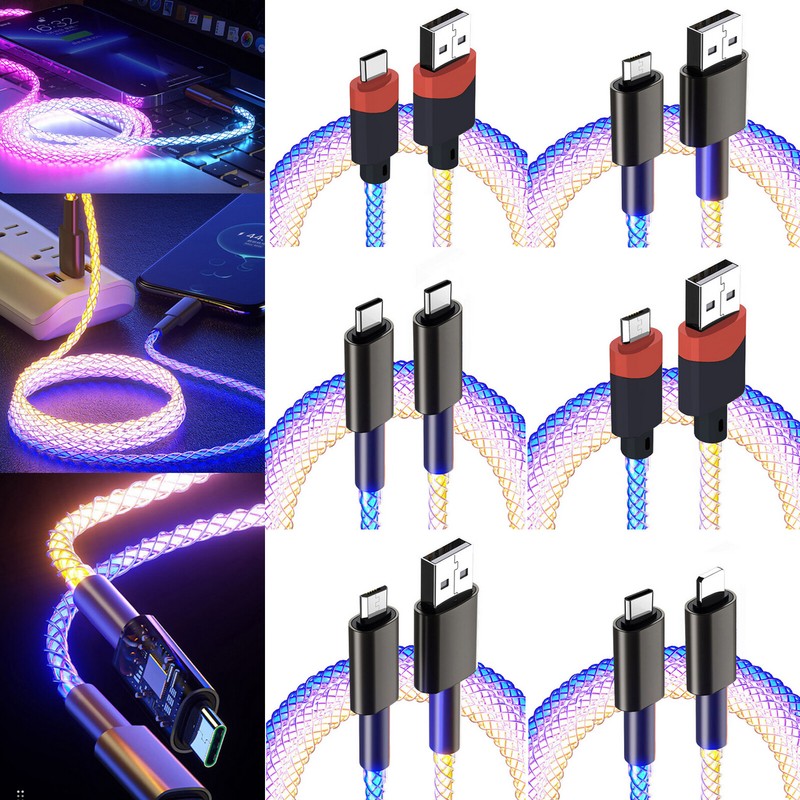 6A Fast Charging Data Cable RGB Dazzling Color Light for iPhone/Type-C/Android