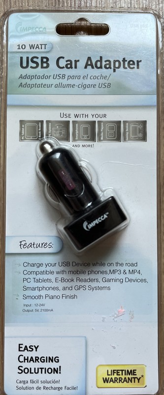 Impeca Black USB Car Adapter 10 Watt. Condition New.
