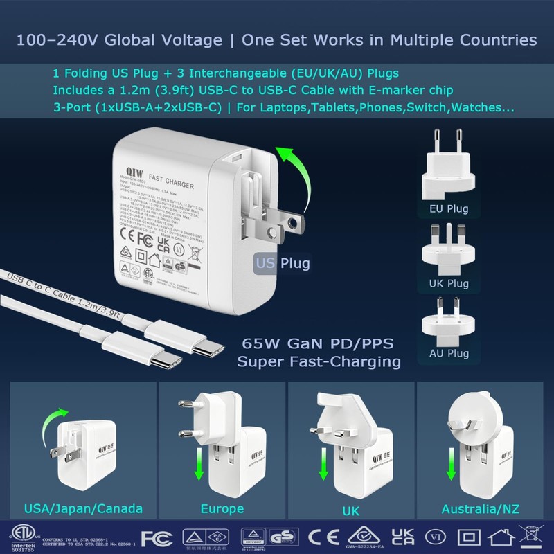 65W GaN PD/PPS USB-C Travel Wall Charger, Interchangeable US/EU/UK/AU Detacha... gallery