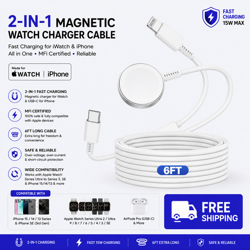 2-in-1 Apple Watch Charger Cable USB-C Magnetic Fast Charging 6FT MFi Cord
