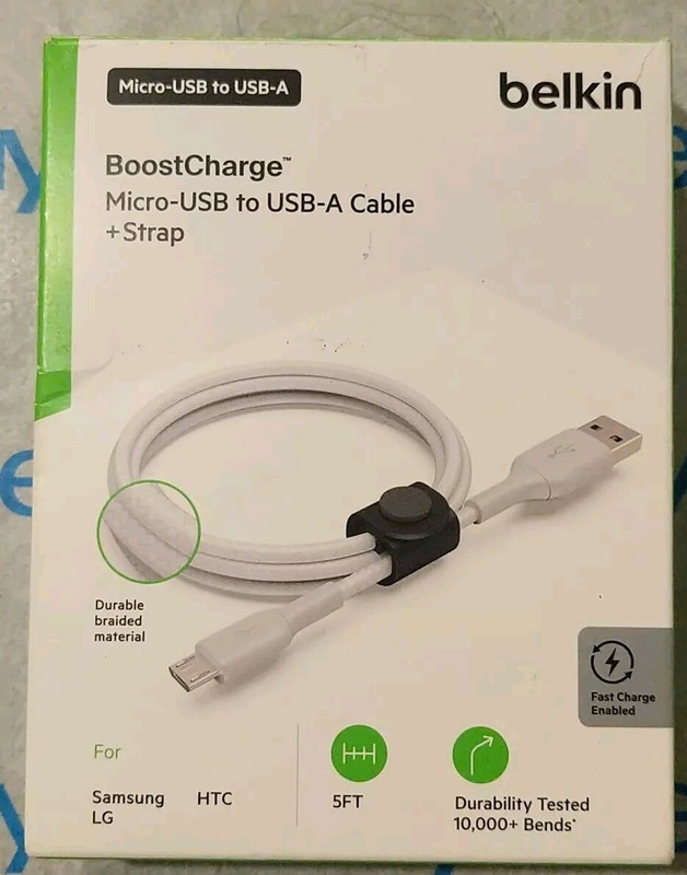 Belkin Boost Charge Micro USB To USB A Cable 5ft + Strap New Open Box