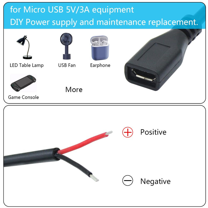 Short Micro USB Female 2 Pin Bare Wire,30Cm/11.8In Micro USB to Open End Pigtail gallery