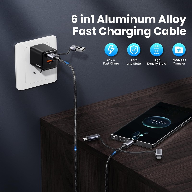 240W Multi Charging Cable, 4ft 6-in-1 USB C Cable Fast Charging Cords with US... gallery