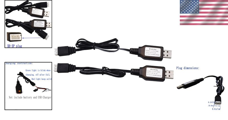 2 Pack of 7.4V 1A USB Charge Cables with XH-3P Connector for LiPo Batteries gallery