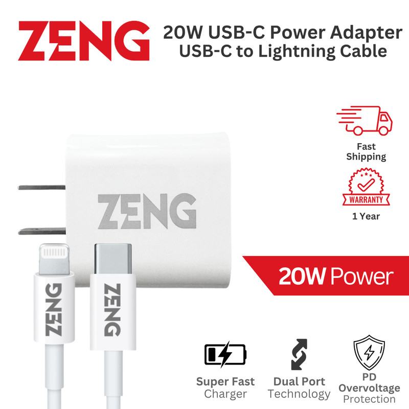 Zeng 20W USB-C Power Adapter & USB-C to IOS Cable