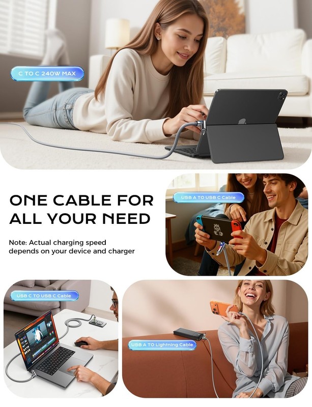 240W , 6.6FT USB C to Lightning Cable [MFi Certified], Chubby USB A/C to C/Li... gallery