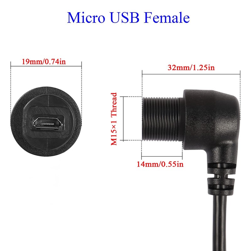 90 Micro USB Panel Flush Mount Waterproof Extension Cable 28cm 11in Left Bend gallery