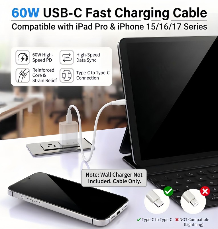 4 Pack 60W USB C to USB C Fast Charging Cable 6ft and 10ft for iPhone gallery