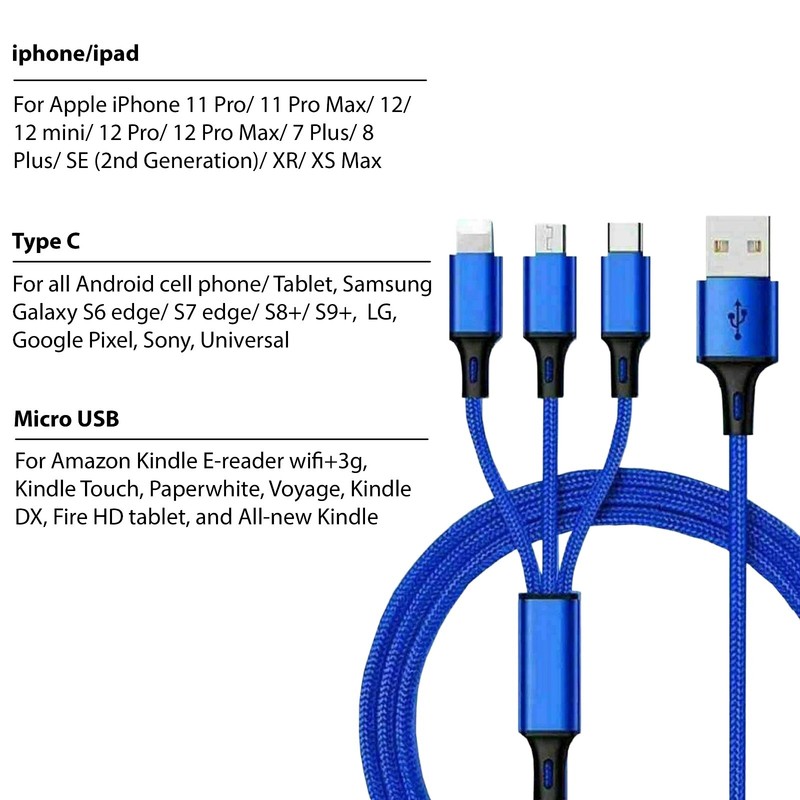 3ft, 3in1 Fast USB Charging Cable Multi Function Cell for Phone, iPad, Kindle gallery