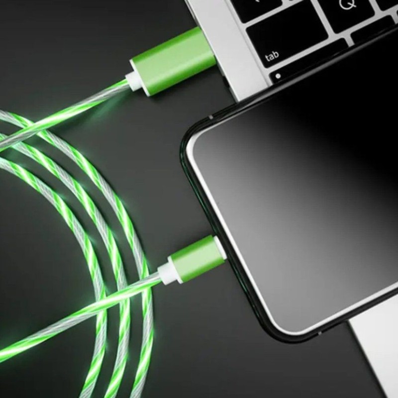 iPhone, GREEN LED Illuminated Charging Cable Streamer lights flow