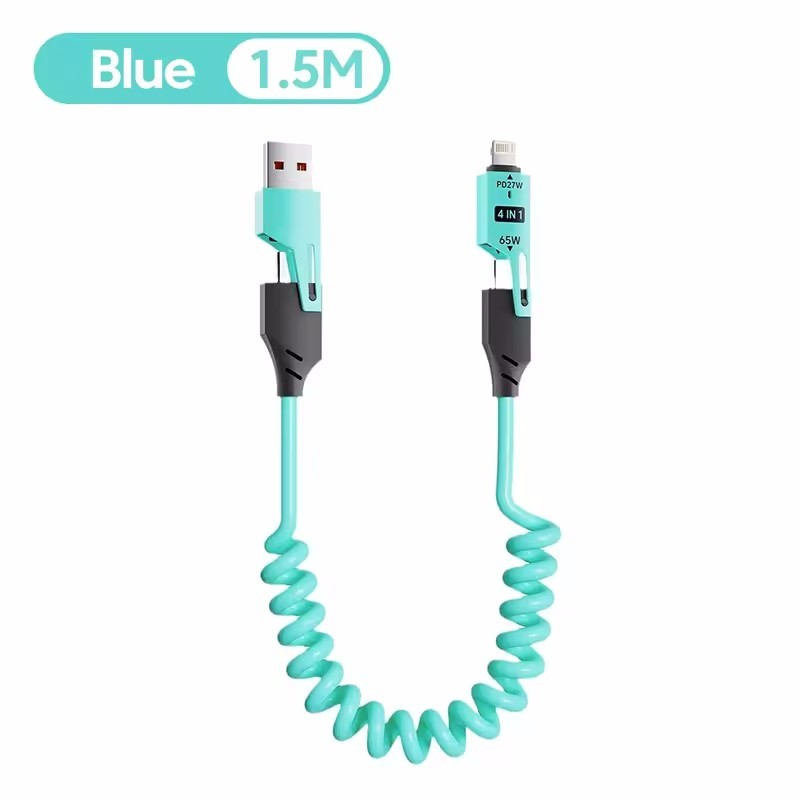 4 in 1 USB 6A Fast Charging Data Cable 1.5M Retractable Spring Multi Connector