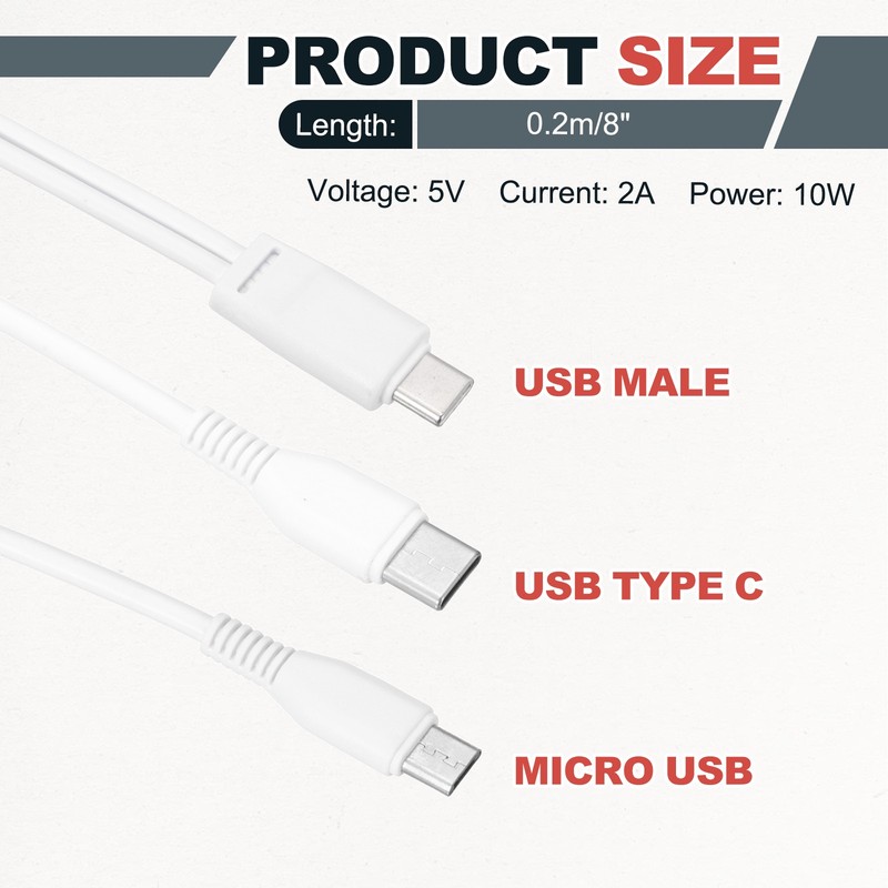 Multi USB Type C Male to Micro USB and USB Type C 2 in 1 Splitter 8'' White gallery