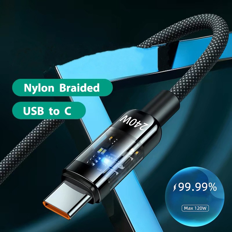 240W Nylon Braided Cable USB-C Phone Fast Lead Charger Wire 10A Clear Warehouse