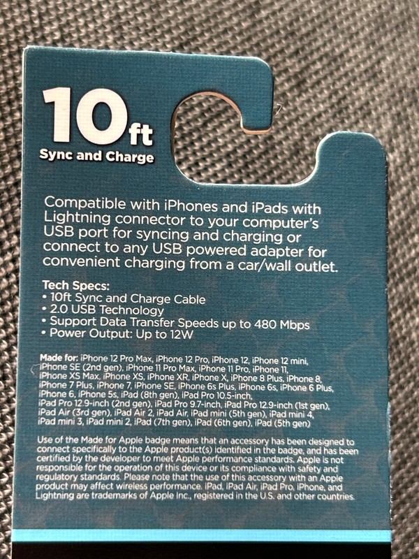 10ft Sync & Charge Cable- Lightning to USB-A (Made for Apple iphone/ipad/ipod) gallery