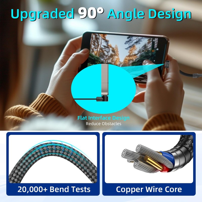 90 Degree Flat USB C Cable 3FT PD 60W Right Angle Nylon Braided Fast Charging gallery