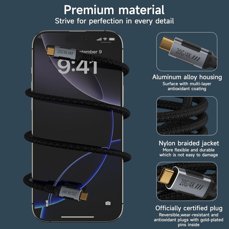 Ultra-Fast USB C 3.2 Gen 2x2 Cable 0.5FT - Safe 240W Charging & 4K Video Support gallery