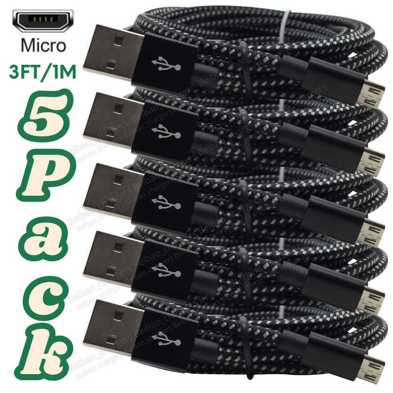 3Ft Micro USB Fast Charger Cable Braided Cord 5Pack For Samsung Android LG Lot