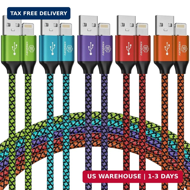 iPhone Charger 5 Pack 10 ft USB Lightning Cable Apple Mfi Certified Cable Fast C