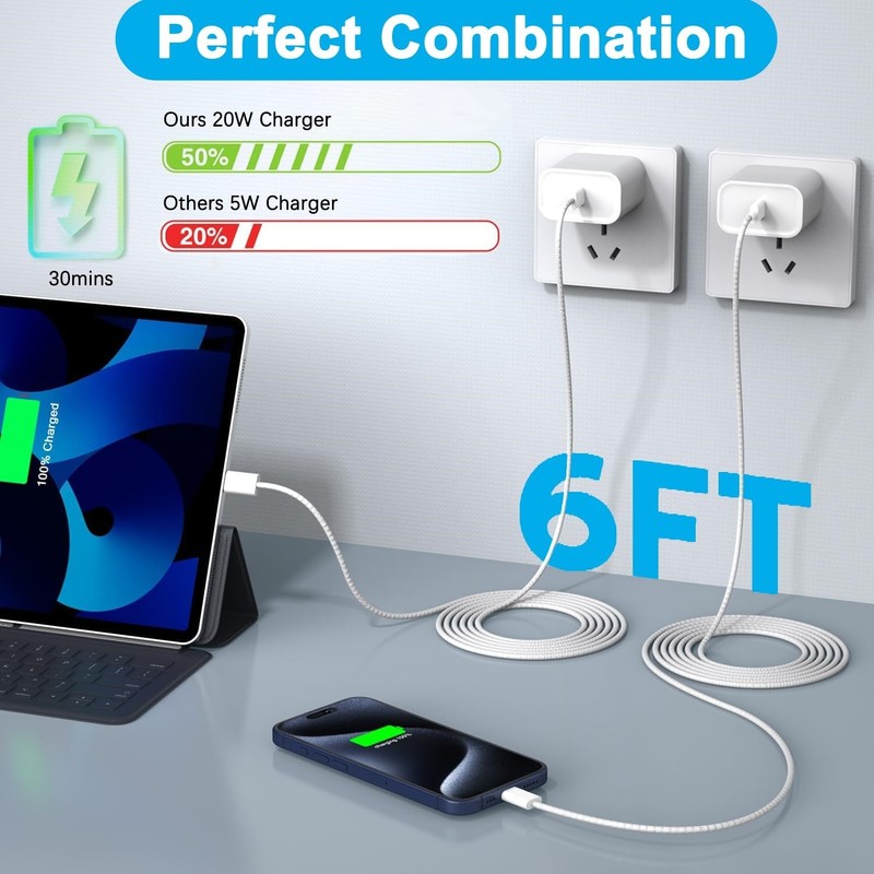 20W Block USB C Type C Cable 10FT For iPhone 17 16 15 Plus Android Fast Charger gallery