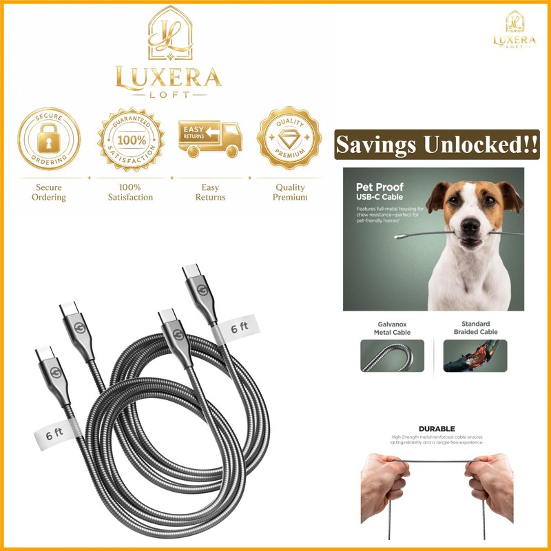 Pet Proof USB-C to USB-C Cables 2 Pack 6ft Braided Metal Fast Charging Grey
