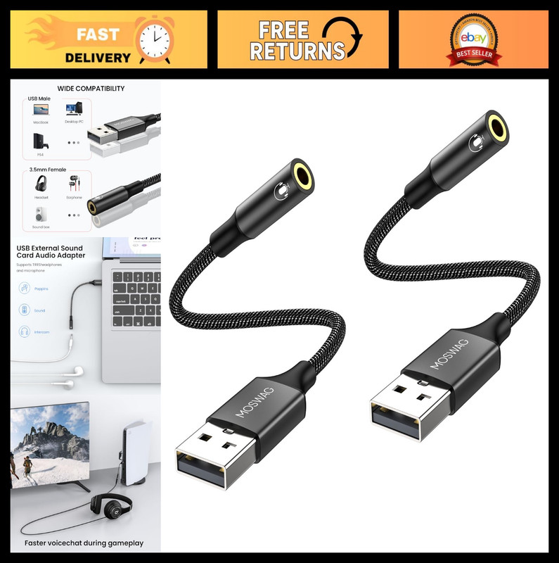 USB to 3.5mm Audio Jack Adapter, External Sound Card, 20cm Aux Stereo Converter