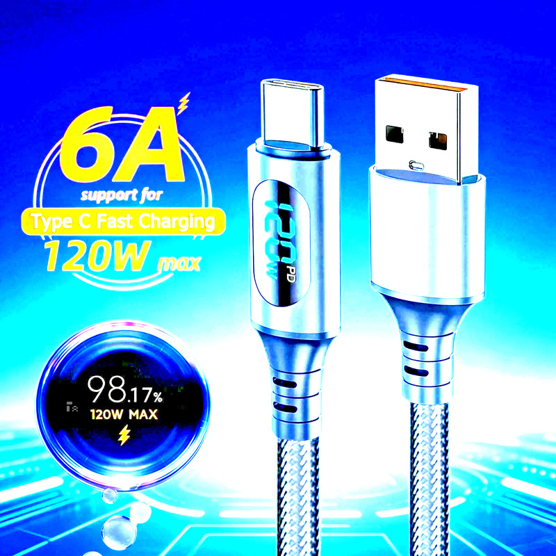 6A 120W Schnellladekabel USB-A zu Typ-C Nylon mit LED für Xiaomi & Samsung