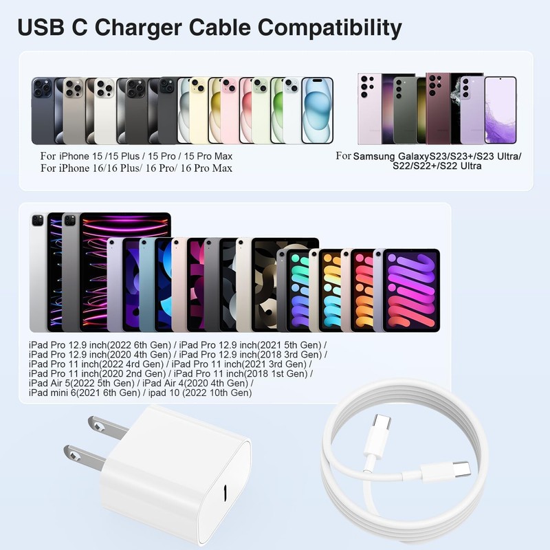 PD 20W USB-C Fast Charger Type-C Cable For iPhone Air/17/16 Pro Max/15/Samsung gallery