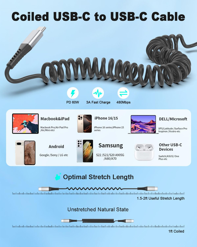 Coiled USB C to USB C Cable, 2 Pack Retractable USB Type C Charging Cable 60W US gallery