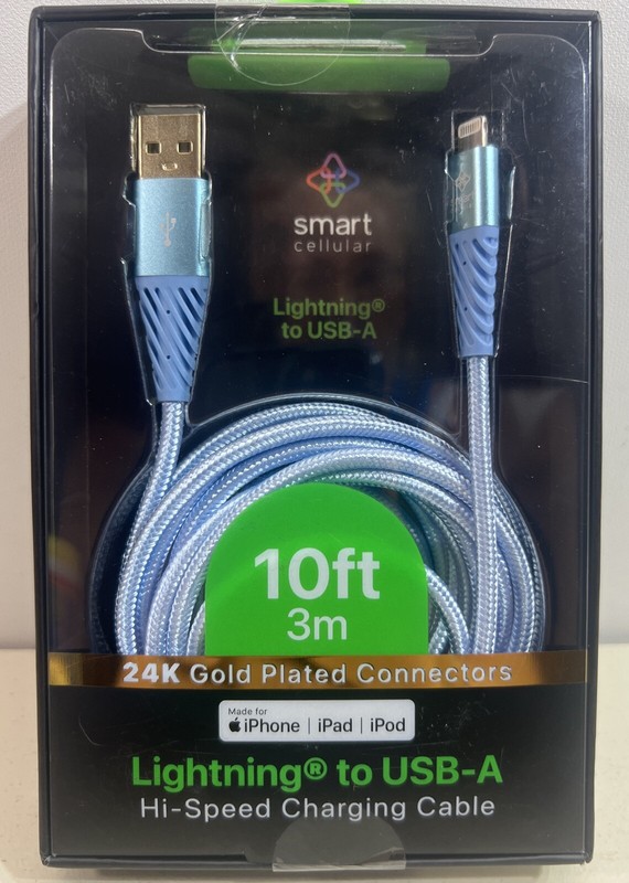 Smart Cellular 10ft Braided Cable High-Speed to USB-A iPhone/iPad/iPod BLUE