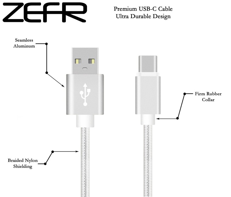Zefr 3ft Braided USB-C Charging Cable iPhone, Samsung A7 A5, LG G6, HTC, Pixel gallery