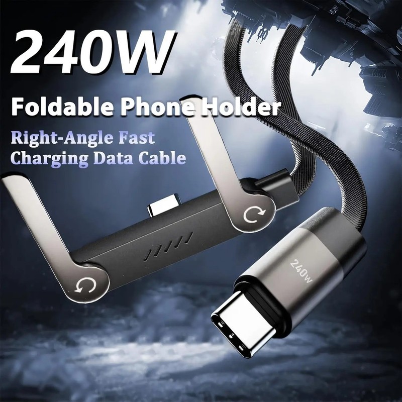 2-in-1 240W USB-C Fast Charger Cable 90° Right Angle Cord & Phone Stand Holder gallery